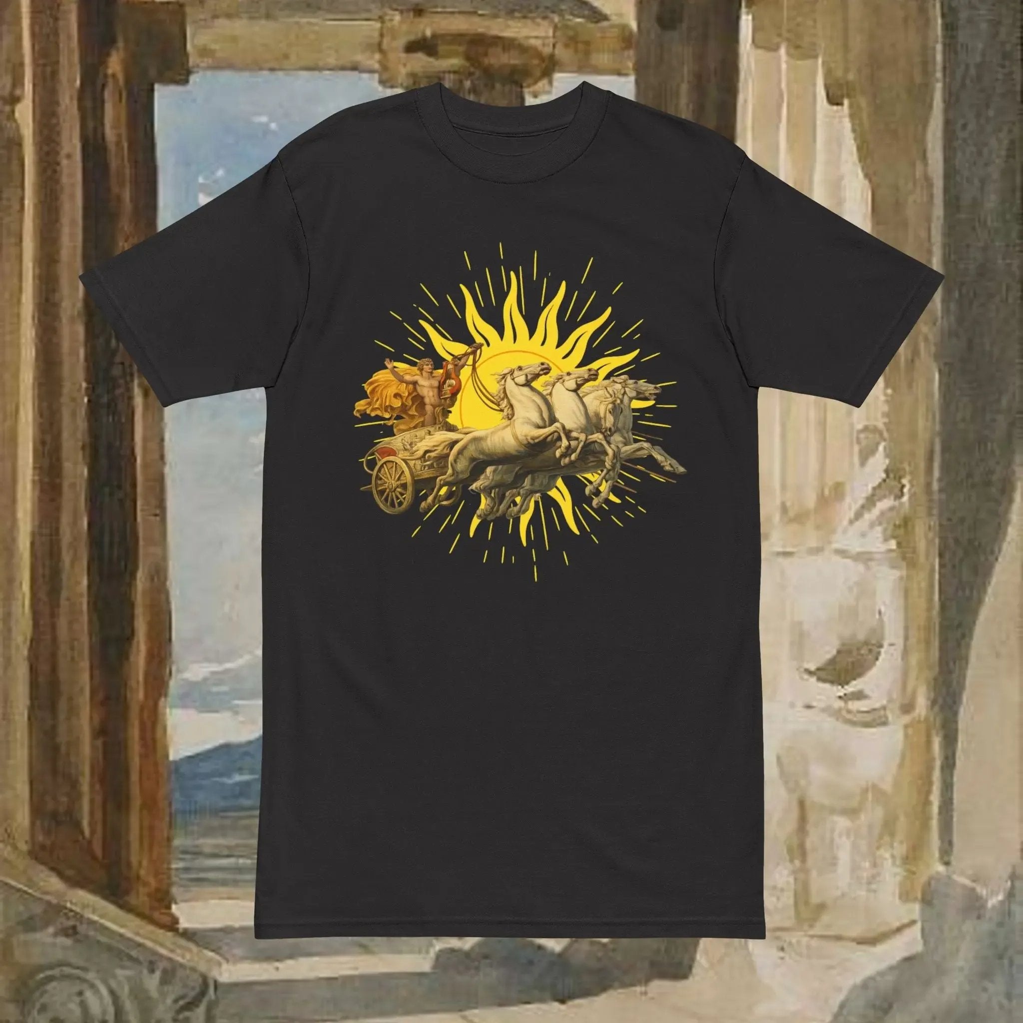 Mythic Sun Apollo Chariot T-Shirt — Apollo and his chariot cresting the rising sun. Real South Health Co.
