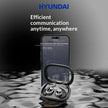 The Dropshipman Y16 Smart Voice Translation Earbuds, a binaural Chinese-English translator, sit in their open charging case before a smartphone showing translated text. The scene features a reflective surface and the Hyundai logo with a communication slogan above.