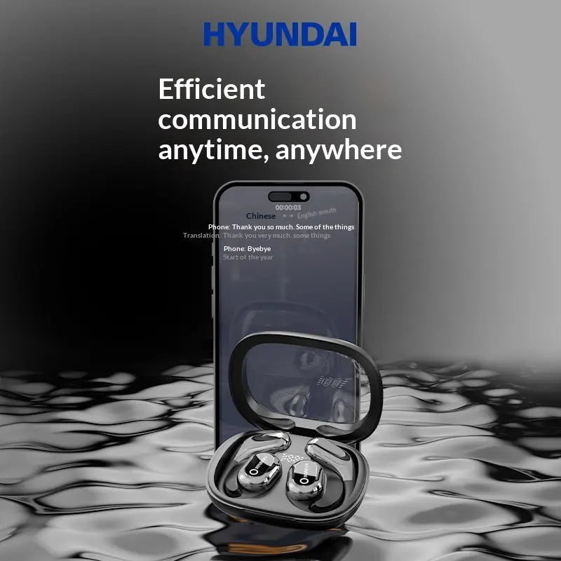 The Dropshipman Y16 Smart Voice Translation Earbuds, a binaural Chinese-English translator, sit in their open charging case before a smartphone showing translated text. The scene features a reflective surface and the Hyundai logo with a communication slogan above.