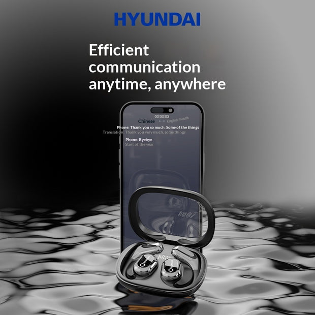 The Dropshipman Y16 Smart Voice Translation Earbuds, a binaural Chinese-English translator, sit in their open charging case before a smartphone showing translated text. The scene features a reflective surface and the Hyundai logo with a communication slogan above.