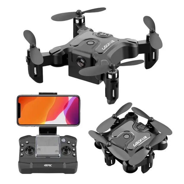 The Dropshipman Mini folding drone, a compact black quadcopter with a camera, is displayed from various angles next to its remote control featuring an attached smartphone as the screen.