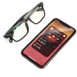 A pair of Dropshipman Smart Sunglass Headphones rests beside a smartphone showing a music player screen with album art, song details, and playback controls.