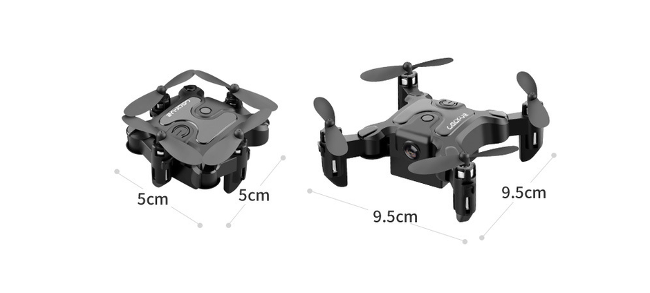 Two Dropshipman Mini folding drones are shown: one folded into a compact 5cm x 5cm square, and one unfolded to 9.5cm x 9.5cm—perfect portable aircraft for high-definition aerial photography on the go.