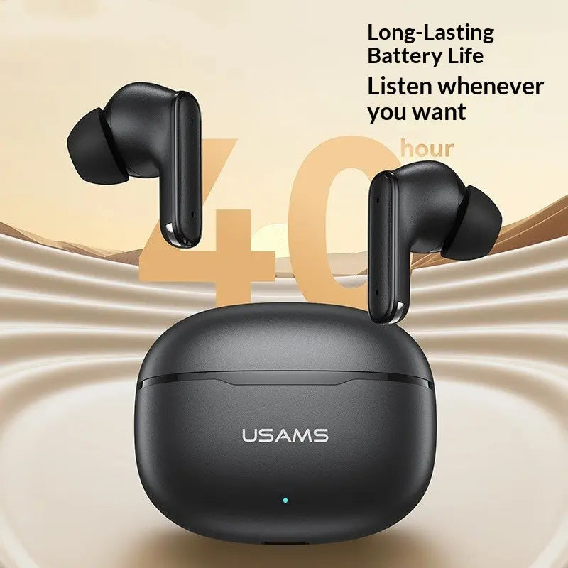 Dropshipman Short-stemmed Wireless Bluetooth Earbuds with charging case on a beige background, featuring 