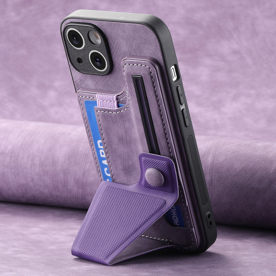 The Dropshipman Multi-angle Slide Rack iPhone case in purple, featuring a shockproof design, built-in cardholder, and bracket, is shown upright on a matching purple surface with a blue card inside.