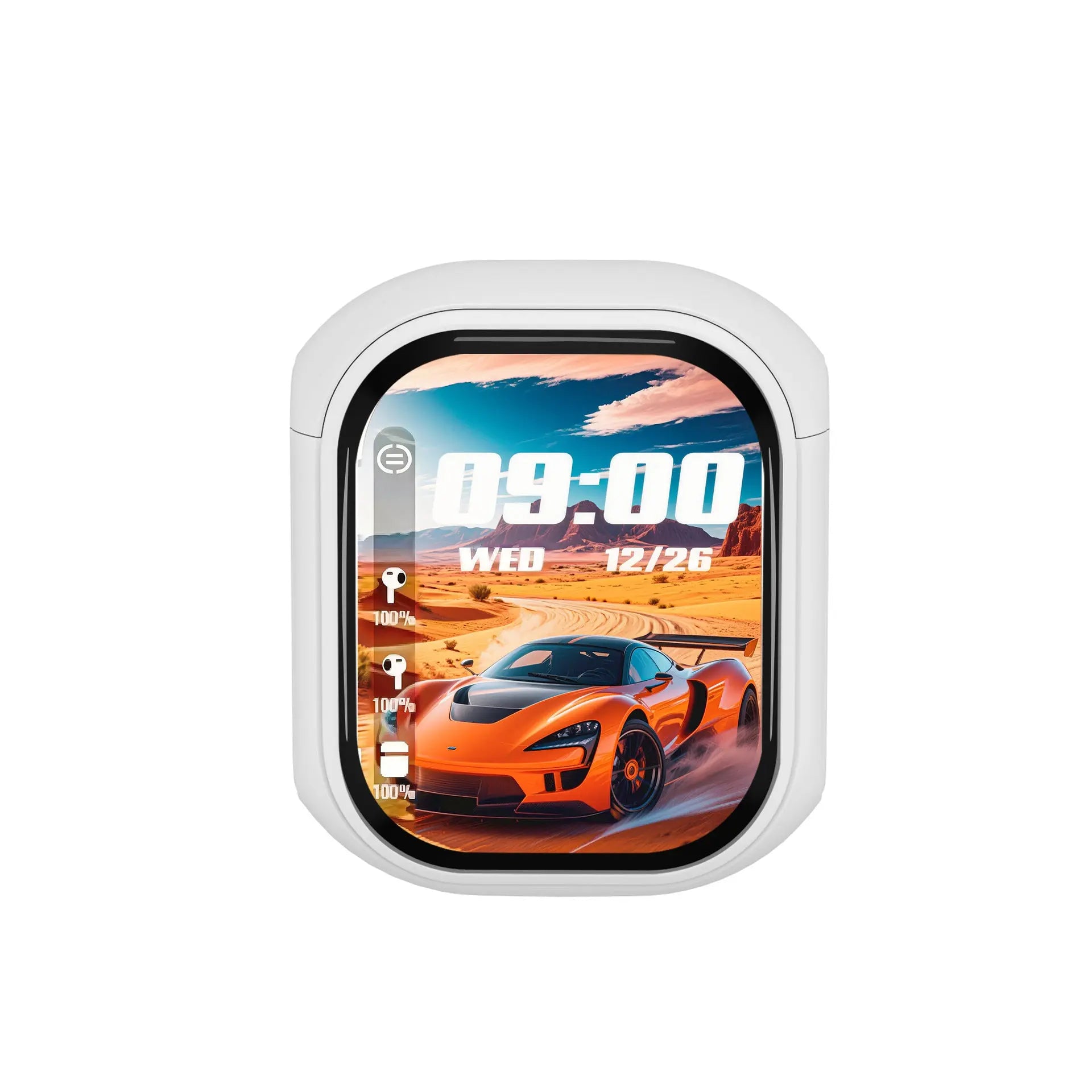A smartwatch displays 09:00, Wednesday, 12/26, with an orange sports car on a desert road as the background—an ideal match for your Dropshipman True Wireless Bluetooth Earbuds with 4-Mic Noise Canceling from HeadphoneHeat.