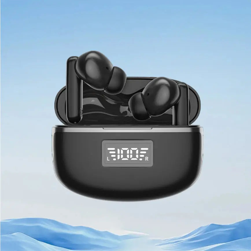 Experience seamless audio with the Dropshipman A28 Wireless Earbuds—sleek black in-ear buds in an open charging case featuring a digital battery display, set against a blue sky and snowy abstract backdrop for stylish Bluetooth connectivity.