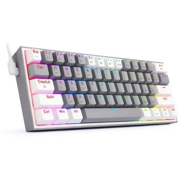 The Dropshipman Cyberkey Bluetooth Mechanical Keyboard is displayed from an angled side view, showcasing its white keycaps, RGB backlighting, gray casing, and compact design.