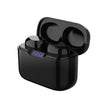 A pair of FLIPSTYLEZLLC Subwoofer Class 7 Waterproof True Wireless In-Ear TWS Bluetooth Earbuds sits in an open black charging case with four blue LED lights, offering stereo sound, against a plain white background.