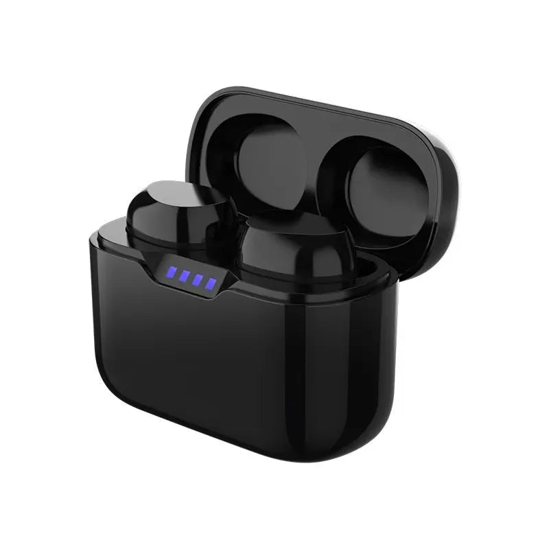A pair of FLIPSTYLEZLLC Subwoofer Class 7 Waterproof True Wireless In-Ear TWS Bluetooth Earbuds sits in an open black charging case with four blue LED lights, offering stereo sound, against a plain white background.