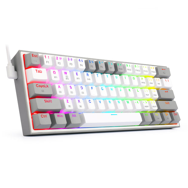 The Dropshipman Cyberkey Bluetooth Mechanical Keyboard features white and gray keys, vibrant RGB backlighting, a left-side white cable, and pink and purple labels on the function keys—ideal for stylish, high-performance gaming.
