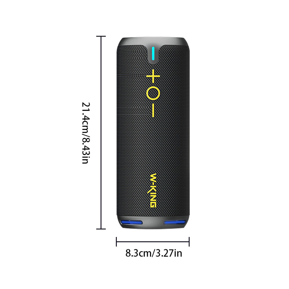 The DSP Wireless Bluetooth Audio Dust-proof Waterproof Speaker by HeadphoneHeat features a sleek cylindrical design, front plus and minus volume controls, prominent "W-KING" in yellow, and measures 21.4 cm tall by 8.3 cm wide for added durability on the go.