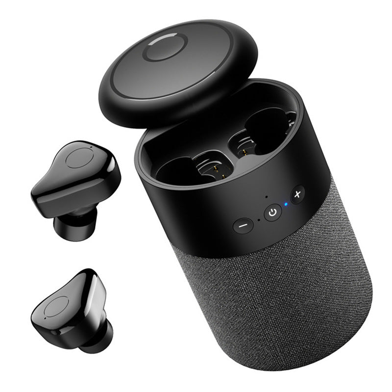 The Dropshipman B20 Bluetooth Speaker Earbud Combo includes black wireless earbuds with a cylindrical charging case, LED indicator lights, and control buttons, offering compact convenience—all set against a white background.