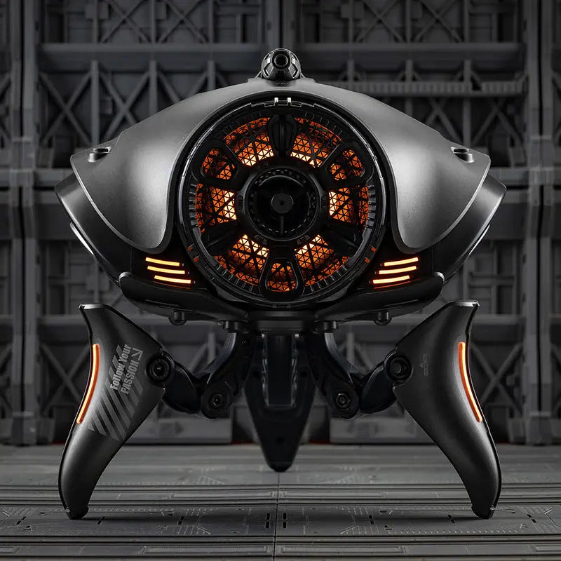 The Dropshipman Alien Tripod Bluetooth Speaker features a futuristic black design with glowing orange lights and detailed mechanical accents, set against a metallic industrial background.