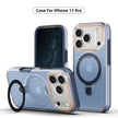 Three blue Dropshipman Iphone 17 Magnetic Phone Cases feature a circular MagSafe ring and a kickstand on the back, with one phone showing a starry night display.