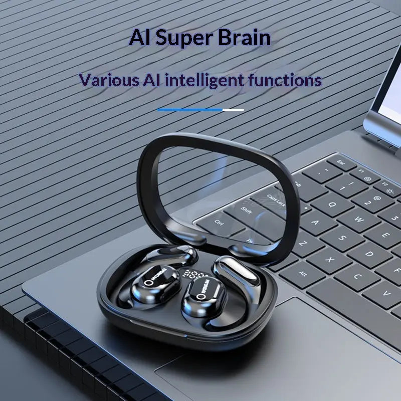 A pair of Y16 Smart Voice Translation Earbuds by Dropshipman sit in an open charging case on a laptop keyboard, with text above reading “AI Super Brain” and “Various AI intelligent functions.”.
