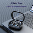 A pair of Y16 Smart Voice Translation Earbuds by Dropshipman sit in an open charging case on a laptop keyboard, with text above reading “AI Super Brain” and “Various AI intelligent functions.”.