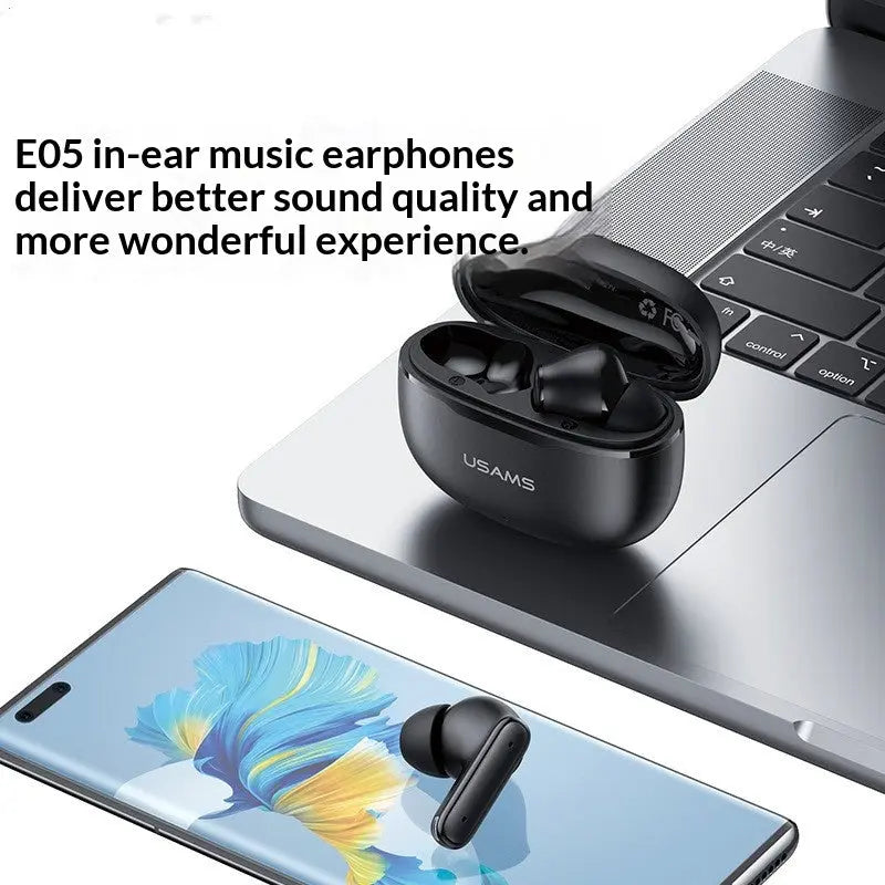 A close-up of Dropshipman Short-stemmed Wireless Bluetooth Earbuds, highlighting their sleek design and advanced features.
