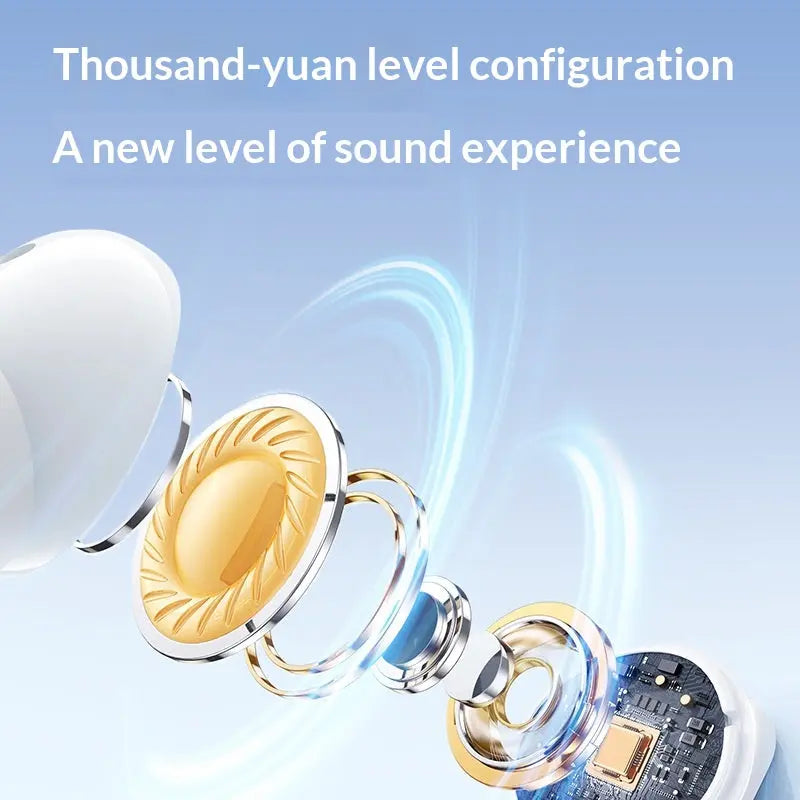Exploded view of Dropshipman Wireless Bluetooth Headphones With Ultra-Long Standby, revealing speaker driver and circuitry, enhanced by blue swirls and the text: 