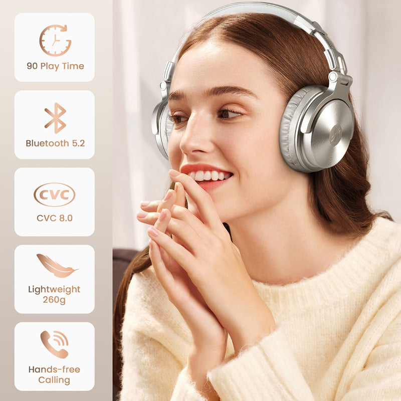A smiling woman wears the Dropshipman OneOdio Wireless Headset. Feature icons show 90-hour playtime, Bluetooth 5.2, CVC 8.0 noise reduction, studio-quality sound, lightweight 260g design, and hands-free calling.