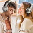 A man with wired headphones and a woman enjoying studio-quality sound with wireless OneOdio Headset by Dropshipman, both smiling. Text reads 