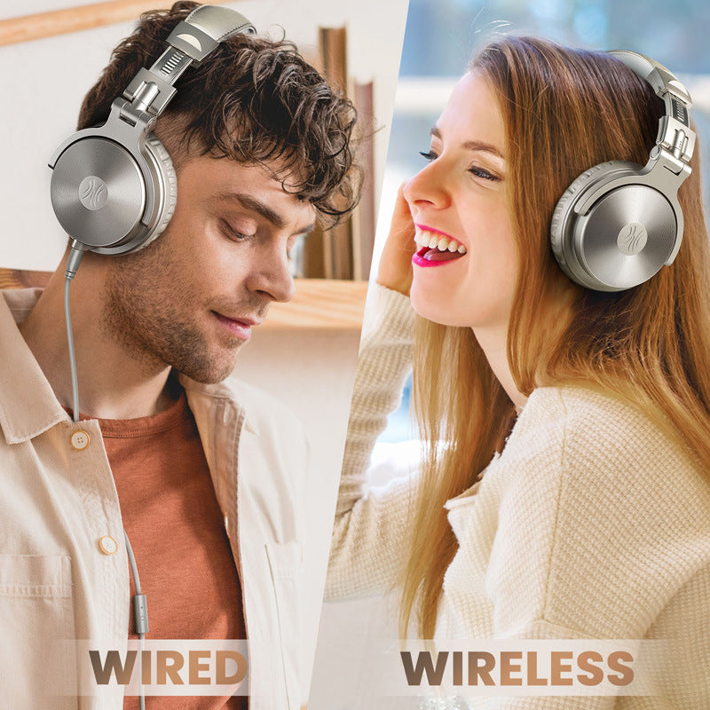 A man with wired headphones and a woman enjoying studio-quality sound with wireless OneOdio Headset by Dropshipman, both smiling. Text reads 