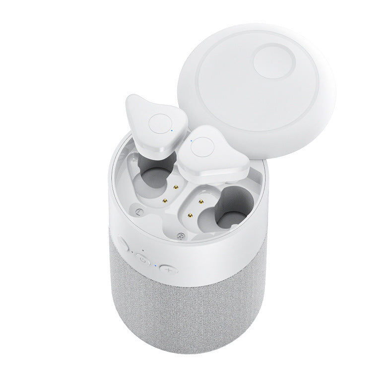 The Dropshipman B20 Bluetooth Speaker Earbud Combo features white wireless earbuds in an open cylindrical charging case with a built-in portable speaker and side control buttons.