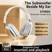 The Dropshipman P9 Wireless Bluetooth Headphones with built-in mic sit on a wooden stand, showcasing features like Bluetooth 5.1, low latency, HD voice calls, surround sound, HiFi stereo bass, and card slot support.