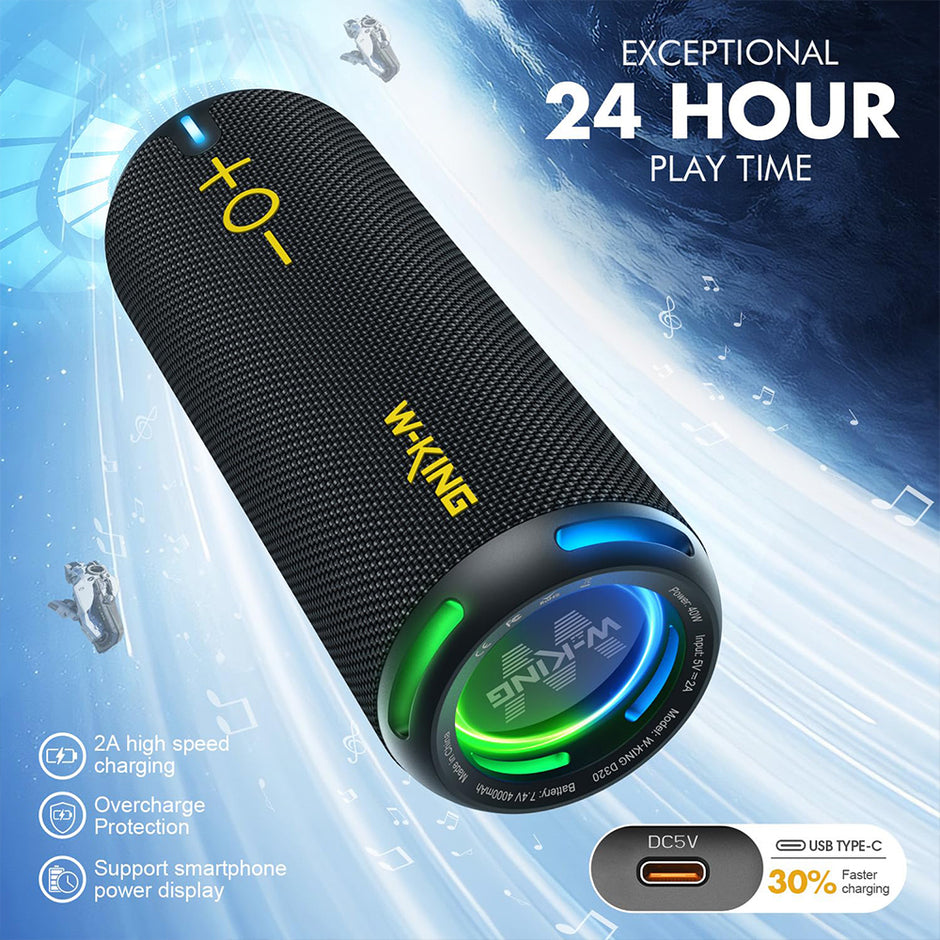 A sleek black cylindrical Hi-Fi Wireless Bluetooth Stereo by HeadphoneHeat, featuring colorful LED lights and immersive surround sound. Offers 24-hour playtime, USB charging with 30% faster speeds, overcharge protection, and smartphone power display support.
