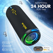 A sleek black cylindrical Hi-Fi Wireless Bluetooth Stereo by HeadphoneHeat, featuring colorful LED lights and immersive surround sound. Offers 24-hour playtime, USB charging with 30% faster speeds, overcharge protection, and smartphone power display support.