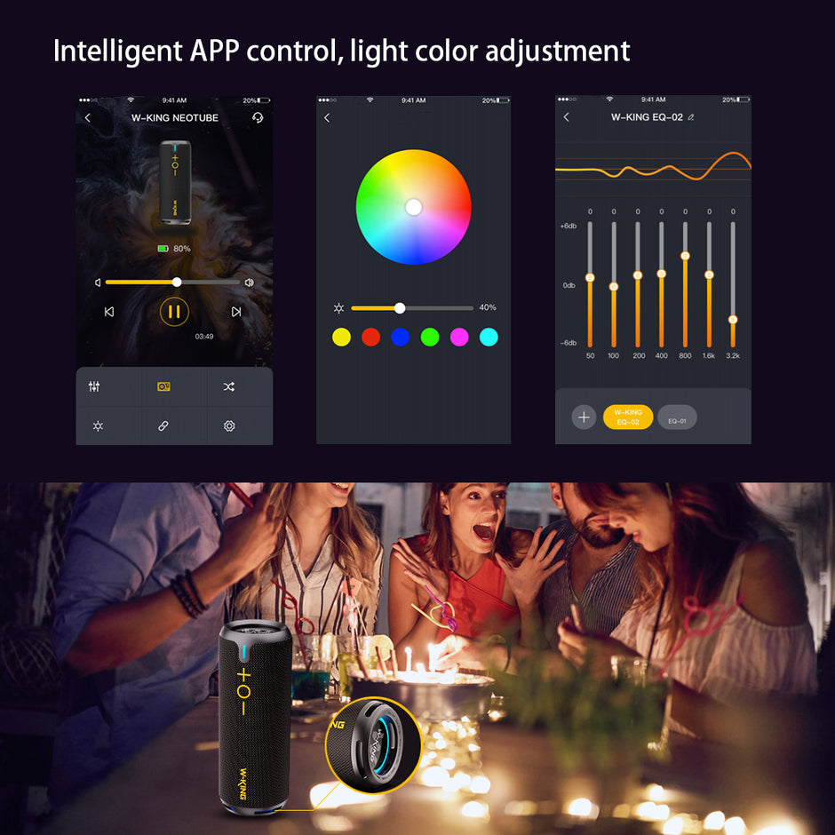 A smartphone app interface shows the settings for a HeadphoneHeat DSP Wireless Bluetooth Audio Dust-proof Waterproof Speaker, featuring volume, color, and equalizer adjustments. Below, people enjoy the ambiance created by its lighting effects and durable battery life.