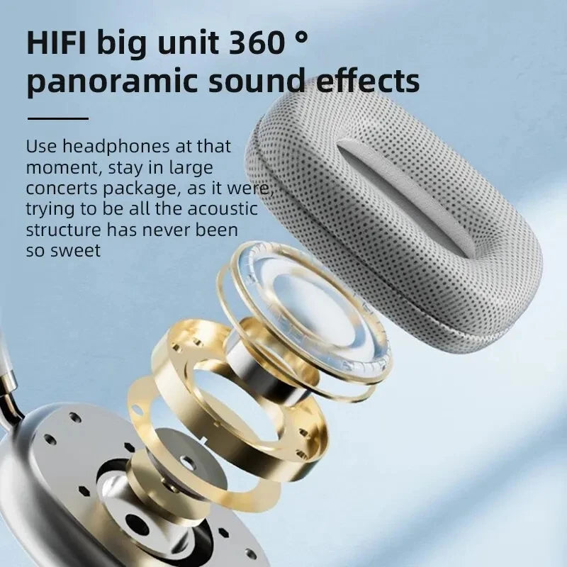 Exploded view of Dropshipman P9 Wireless Bluetooth Headphones showing internal components and mesh ear pad, with HIFI big unit 360° panoramic sound and immersive concert-like audio. Features built-in microphone for calls.