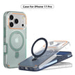 Two clear and blue Dropshipman Iphone 17 Magnetic Phone Cases are shown, featuring reinforced corners, circular magnetic rings for MagSafe compatibility, and precise camera and port cutouts.