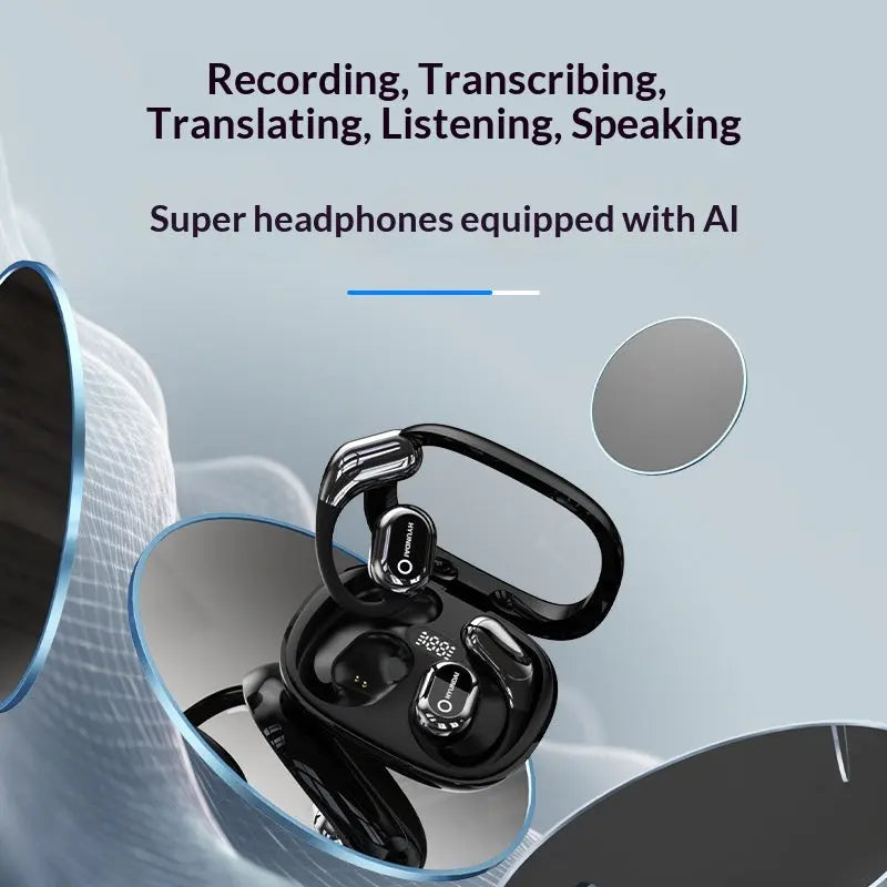 The Dropshipman Y16 Smart Voice Translation Earbuds are displayed in a charging case with mirrored reflections. Text above highlights AI-powered recording, transcription, translation, listening, and speaking features. Ear-hook design ensures comfort and long battery life.