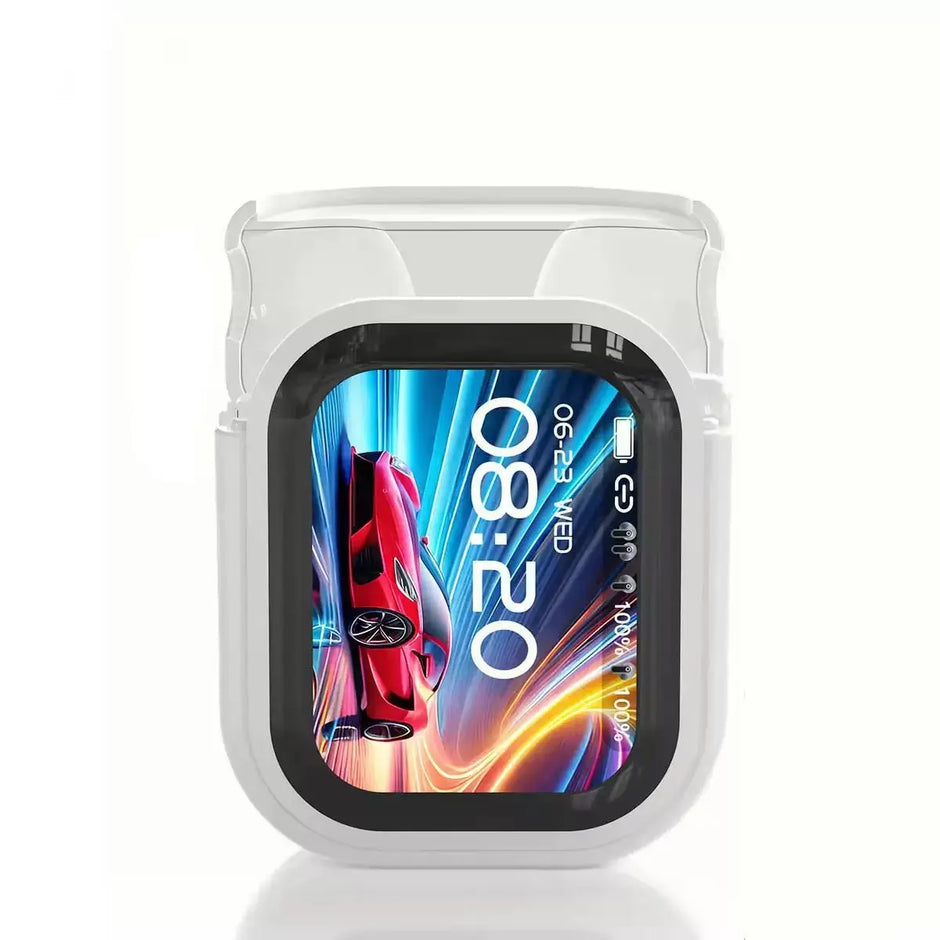 A square smartwatch with a clear case shows 