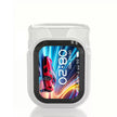 A square smartwatch with a clear case shows 