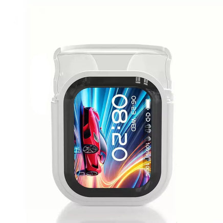 A square smartwatch with a clear case shows "08:20" and a vivid red sports car wallpaper, stylishly paired with Dropshipman True Wireless Bluetooth Earbuds with 4-Mic Noise Canceling from HeadphoneHeat for effortless on-the-go connectivity.