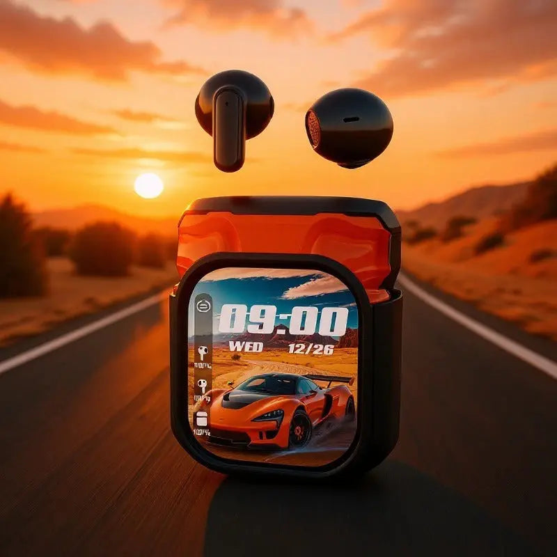 A Dropshipman smartwatch with a sports car display shows Wednesday, 12/26 on a sunset road. Above, HeadphoneHeat True Wireless Bluetooth Earbuds with 4-Mic Noise Canceling float against sunlit hills.