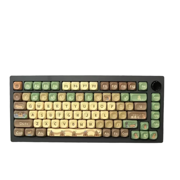 HeadphoneHeat's Capi Bara Mechanical Keyboard features an ergonomic design in a dark case with green, yellow, and light brown keys. Decorated with artistic symbols and designs, it combines unique aesthetics with wireless technology for an enhanced workspace experience.