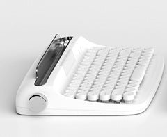 The Dropshipman Tablet Bluetooth Typewriter, a modern white keyboard with round keys and retro design, metallic top bar, and side dial, sits on a white surface.