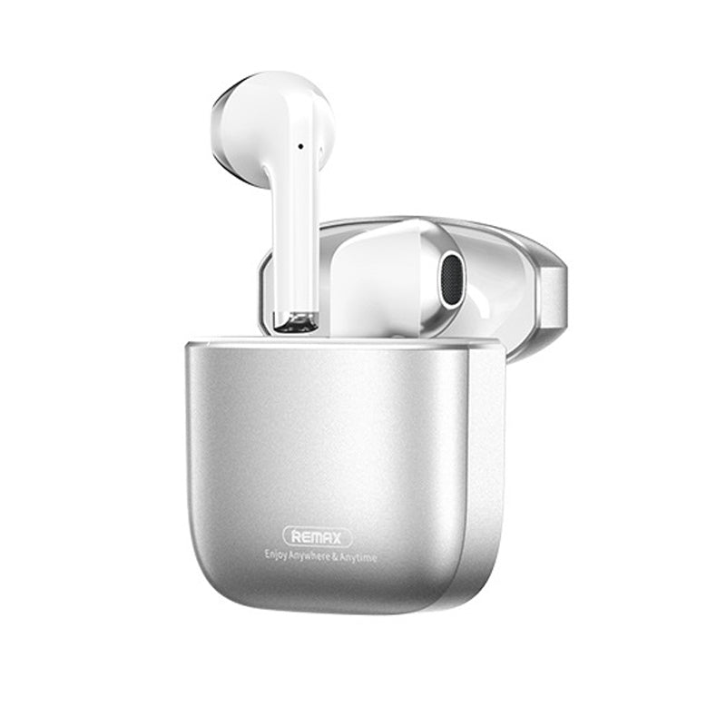 A pair of REMAX AlloyBuds 1 True Wireless Earbuds by Dropshipman, featuring Bluetooth 5.3, noise reduction, and a metallic silver charging case. One earbud stands upright in the open branded case.