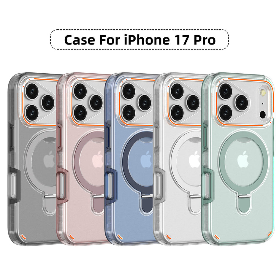 Five Dropshipman Iphone 17 Magnetic Phone Cases in gray, pink, blue, clear, and green are shown. Each features MagSafe compatibility and precise camera cutouts. Text above them states: 