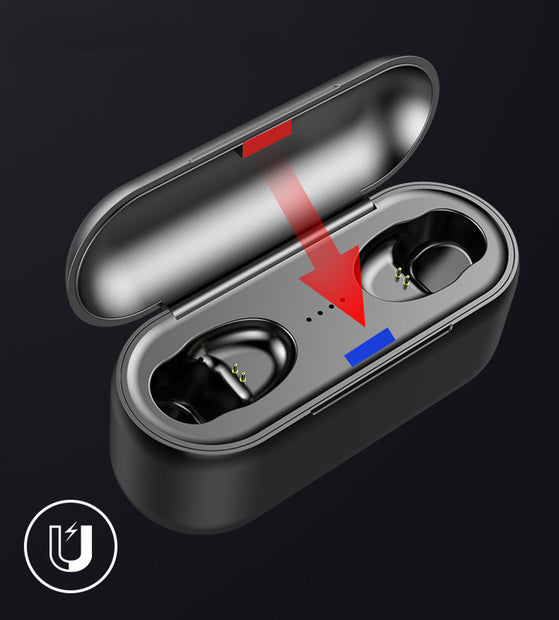 A pair of Dropshipman F9 wireless headphones in black rest in an open charging case, with a large red arrow pointing down from the lid to the earbuds. A magnet icon and Bluetooth 5.0 symbol appear in the lower left corner.
