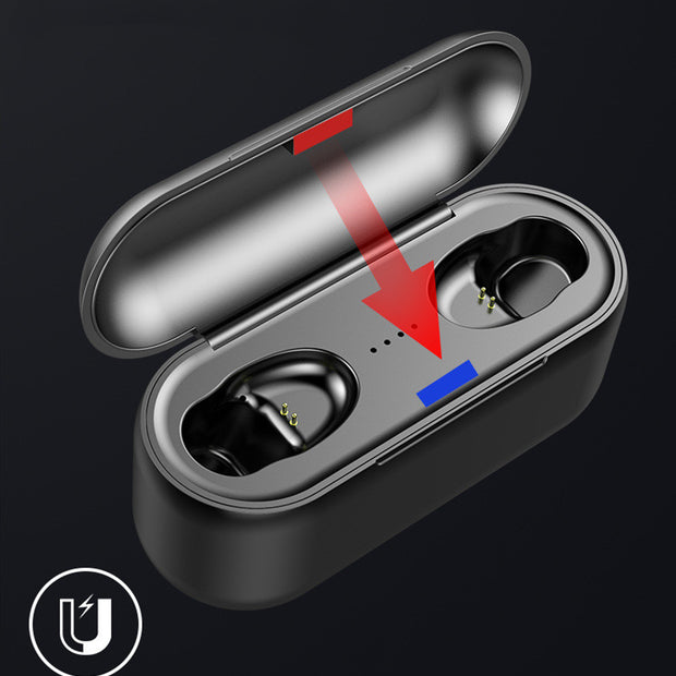 A pair of Dropshipman F9 wireless headphones in black rest in an open charging case, with a large red arrow pointing down from the lid to the earbuds. A magnet icon and Bluetooth 5.0 symbol appear in the lower left corner.