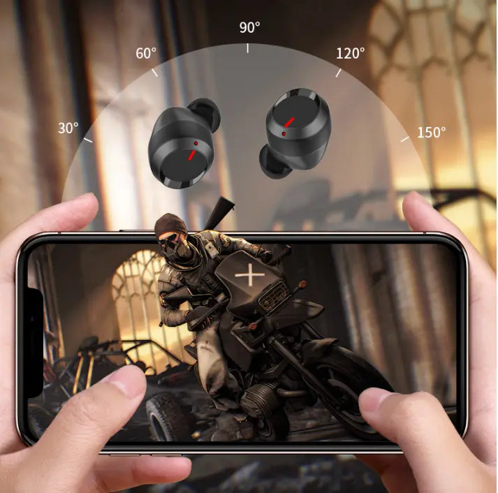 Hands holding a smartphone show a video game; above, two FLIPSTYLEZLLC T11 Wireless Bluetooth Headset 5.0 Earbuds float with an arc from 30° to 150°, highlighting their directional audio feature.