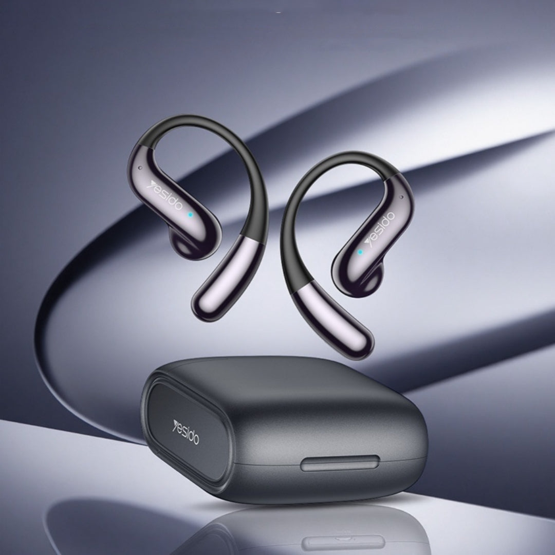 Dropshipman Adaptive Memory Hook Bluetooth Earbuds in black and silver are shown with a matching compact charging case, set against a glossy gray and purple background—highlighting the latest in stylish wireless audio technology.