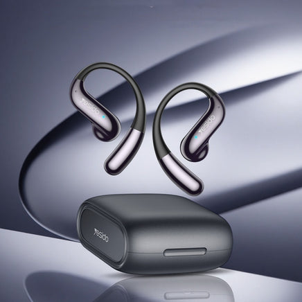 Dropshipman Adaptive Memory Hook Bluetooth Earbuds in black and silver are shown with a matching compact charging case, set against a glossy gray and purple background—highlighting the latest in stylish wireless audio technology.