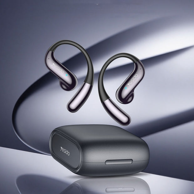 Dropshipman Adaptive Memory Hook Bluetooth Earbuds in black and silver are shown with a matching compact charging case, set against a glossy gray and purple background—highlighting the latest in stylish wireless audio technology.