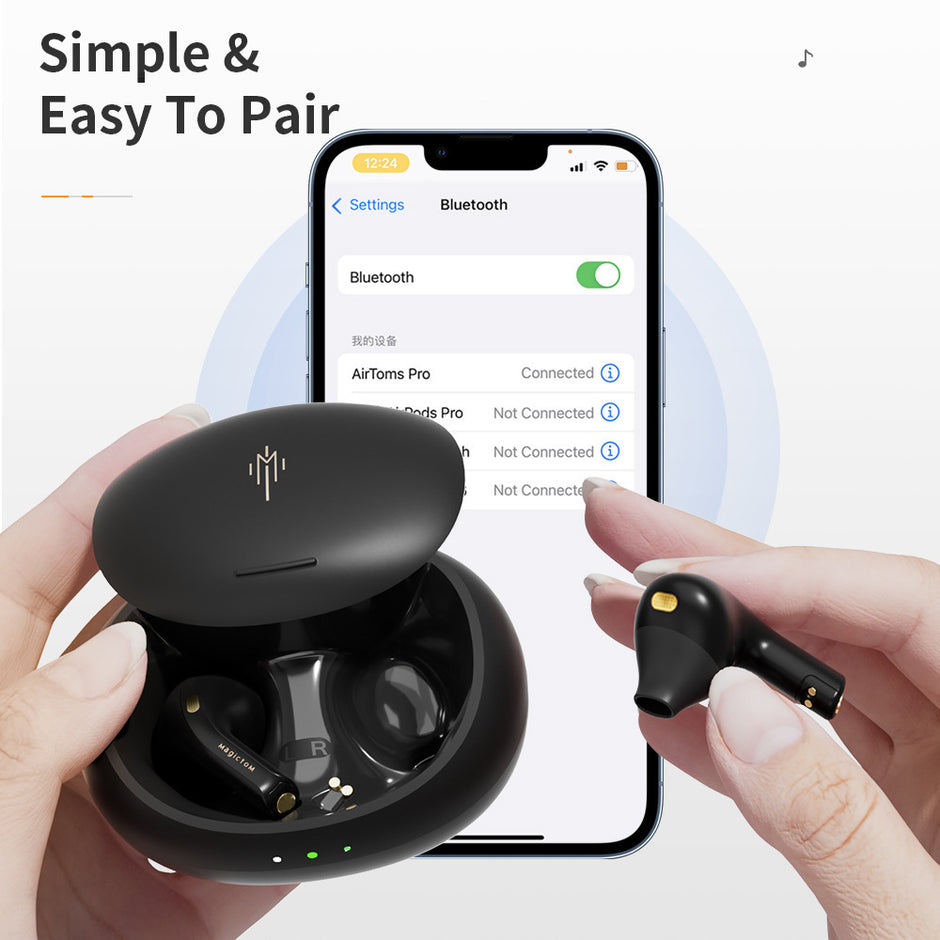 A hand holds a black Matte Viper 5.2 Earbud by Dropshipman while another hand presents the open charging case near a smartphone displaying the Bluetooth pairing screen. On-screen text says, “Simple & Easy To Pair.”.