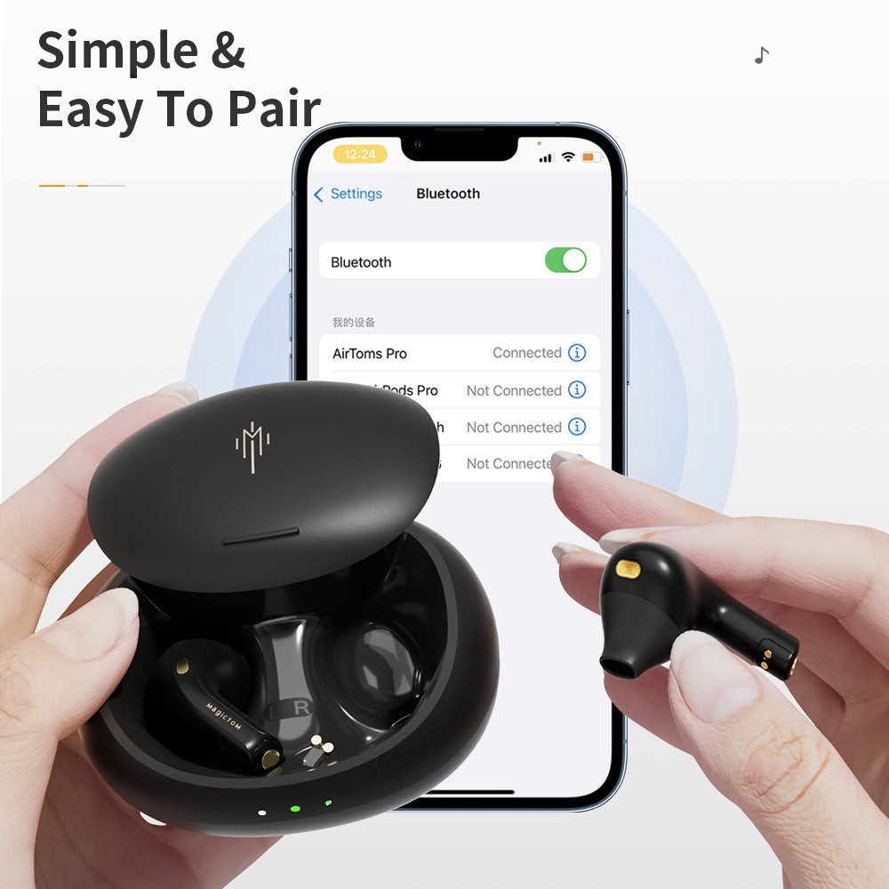 A hand holds a black Matte Viper 5.2 Earbud by Dropshipman while another hand presents the open charging case near a smartphone displaying the Bluetooth pairing screen. On-screen text says, “Simple & Easy To Pair.”.
